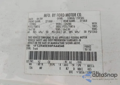 2009 Ford Ranger Fx4 Off-Road/Sport/Xlt from USA, damaged, VIN 1FTZR45E69PA44548